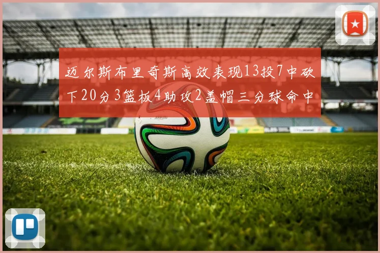 迈尔斯布里奇斯高效表现13投7中砍下20分3篮板4助攻2盖帽三分球命中率出色